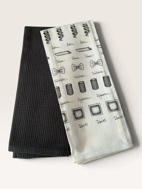 2-Piece Kitchen Towel Set - Dark Waffle Knit & Illustrated Pasta Motif